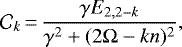 \begin{equation*} \mathcal{C}_k\,{=}\,\frac{\gamma E_{2,2-k}}{\gamma ^2 + (2 \Omega - k n)^2},\end{equation*}