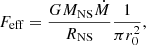 $$ \begin{aligned} F_\mathrm{eff} = \frac{GM_{\mathrm{NS}}\dot{M}}{R_{\mathrm{NS}}}\frac{1}{\pi r_{0}^2}, \end{aligned} $$