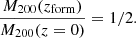 $$ \begin{aligned} \frac{M_{200}(z_{\rm form})}{M_{200}(z=0)} = 1/2. \end{aligned} $$