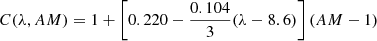 $$ \begin{aligned} C(\lambda ,AM) = 1 + \left[0.220 - \dfrac{0.104}{3} (\lambda - 8.6) \right] (AM - 1) \end{aligned} $$