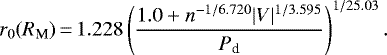 \begin{equation*} r_{0} (R_{\textrm{M}})\,{=}\,1.228\left(\frac{1.0+n^{-1/6.720}|V|^{1/3.595}}{P_{\textrm{d}}}\right)^{1/25.03} .\end{equation*}