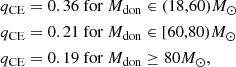 $$ \begin{aligned}&{q_{\rm CE}} = 0.36\ \mathrm{for }\ M_{\rm {don}} \in (18,60) M_{\odot } \nonumber \\&{q_{\rm CE}} = 0.21\ \mathrm{for }\ M_{\rm {don}} \in [60,80) M_{\odot } \nonumber \\&{q_{\rm CE}} = 0.19\ \mathrm{for }\ M_{\rm {don}} \ge 80 M_{\odot }, \end{aligned} $$