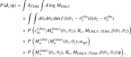 $$ \begin{aligned} \begin{aligned} {P}(\boldsymbol{d}_i|\boldsymbol{\eta }) =&\int \mathrm{d}\gamma _{\mathrm{DM}} \int \mathrm{d}\log {M_{\mathrm{DM},5}}\\&\times \int \int \mathrm{d}\theta _1 \mathrm{d}\theta _2 |\mathrm{det}J| \delta (\theta _1 - \theta _1^{\mathrm{obs}})\delta (\theta _2 - \theta _2^{\mathrm{obs}})\\&\times {P}\left(r_{\upmu _{\rm r}}^{(\mathrm{obs})}|M_{*}^{\mathrm{(true)}}(\theta _1,\theta _2),R_{\mathrm{e}},M_{\mathrm{DM},5},\gamma _{\mathrm{DM}},\beta (\theta _1,\theta _2)\right)\\&\times {P}\left(M_{*}^{\mathrm{(obs)}}|M_{*}^{\mathrm{(true)}}(\theta _1,\theta _2), \alpha _{\mathrm{sps}}\right) \\&\times {P}\left(M_{*}^{\mathrm{(true)}}(\theta _1,\theta _2),R_{\mathrm{e}},M_{\mathrm{DM},5},\gamma _{\mathrm{DM}},\beta (\theta _1,\theta _2)|\boldsymbol{\eta }\right). \end{aligned} \end{aligned} $$