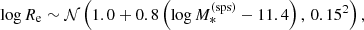 $$ \begin{aligned} \log {R_{\mathrm{e}}} \sim \mathcal{N} \left(1.0 + 0.8\left(\log {M_{*}^{\mathrm{(sps)}}} - 11.4\right),\,0.15^2\right), \end{aligned} $$