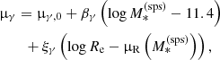 $$ \begin{aligned}&\,\,\,\,\upmu _\gamma = \upmu _{\gamma ,0} + \beta _\gamma \left(\log {M_{*}^{\mathrm{(sps)}}} - 11.4\right) \nonumber \\&\qquad \quad + \xi _\gamma \left(\log {R_{\mathrm{e}}} - \upmu _{\rm R}\left(M_{*}^{\mathrm{(sps)}}\right)\right), \end{aligned} $$