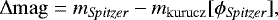 \begin{equation*}\Delta \mathrm{mag} = m_{\textit{Spitzer}} - m_{\mathrm{kurucz}}[\phi_{\textit{Spitzer}}],\end{equation*}