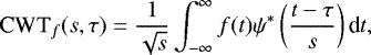 \begin{equation*}\text{CWT}_f (s, \tau) = \frac{1}{\sqrt{s}} \int_{-\infty}^{\infty} f(t) \psi^* \left(\frac{t-\tau}{s}\right) \textrm{d}t,\end{equation*}