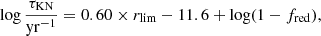$$ \begin{aligned} \log \frac{\tau _{\rm KN}}{\mathrm{yr}^{-1}} = 0.60 \times r_{\rm lim} - 11.6 + \log (1 - f_{\rm red}) ,\end{aligned} $$