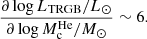$$ \begin{aligned} \frac{\partial \log L_{\mathrm{TRGB}}/{L_{\odot }}}{\partial \log M_{\mathrm{c}}^{\mathrm{He}}/M_{\odot }} \sim 6. \end{aligned} $$