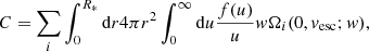 $$ \begin{aligned} C = \sum _i \int _0^{R_*} \mathrm{d}r 4\pi r^2 \int _0^{\infty } \mathrm{d}u \frac{f(u)}{u} { w} \Omega _{i}(0,{ v}_{\mathrm{esc}};{ w}), \end{aligned} $$