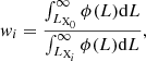 $$ \begin{aligned} { w}_i = {\int _{L_{\rm X_0}}^{\infty } \phi (L) \mathrm{d}L \over \int _{L_{\mathrm{X}_i}}^{\infty } \phi (L) \mathrm{d}L}, \end{aligned} $$
