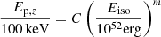 $$ \begin{aligned} \frac{E_{\mathrm{p},z}}{100\,\mathrm{keV}}=C\left(\frac{E_{\rm iso}}{10^{52}\mathrm{erg}}\right)^m \end{aligned} $$