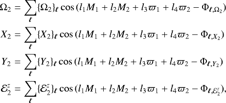\begin{eqnarray*}\Omega_2&=&\sum_{\vec{\ell}} \{\Omega_2\}_{\vec{\ell}} \cos{(l_1 M_1 + l_2 M_2 + l_3 \varpi_1 + l_4 \varpi_2-\Phi_{\vec{\ell},\Omega_2})} \nonumber \\ X_2&=&\sum_{\vec{\ell}} \{X_2\}_{\vec{\ell}} \cos{(l_1 M_1 + l_2 M_2 + l_3 \varpi_1 + l_4 \varpi_2-\Phi_{\vec{\ell},X_2})}\nonumber \\ Y_2&=&\sum_{\vec{\ell}} \{Y_2\}_{\vec{\ell}} \cos{(l_1 M_1 + l_2 M_2 + l_3 \varpi_1 + l_4 \varpi_2-\Phi_{\vec{\ell},Y_2})} \\ \mathcal{E}^z_2&=&\sum_{\vec{\ell}} \{\mathcal{E}^z_2\}_{\vec{\ell}} \cos{(l_1 M_1 + l_2 M_2 + l_3 \varpi_1 + l_4 \varpi_2-\Phi_{\vec{\ell},\mathcal{E}^z_2})}, \nonumber \end{eqnarray*}