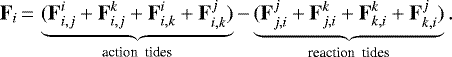 \begin{eqnarray*}{\bf{F}}_{i}\,{=}\,\underbrace{({\bf{F}}_{i,j}^i + {\bf{F}}_{i,j}^k + {\bf{F}}_{i,k}^i + {\bf{F}}_{i,k}^j)}_{\textrm{action \ tides}} - \underbrace{({\bf{F}}_{j,i}^j + {\bf{F}}_{j,i}^k + {\bf{F}}_{k,i}^k + {\bf{F}}_{k,i}^j)}_{\textrm{reaction \ tides}}. \end{eqnarray*}