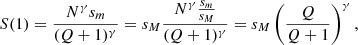 $$ \begin{aligned} S(1)=\frac{N^{\gamma }s_m}{(Q+1)^{\gamma }}=s_M\frac{N^{\gamma }\frac{s_m}{s_M}}{(Q+1)^{\gamma }}=s_M\left({\frac{Q}{Q+1}}\right)^{\gamma }, \end{aligned} $$