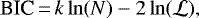 \begin{equation*}\textrm{BIC}\,{=}\,k \ln(N) - 2 \ln(\mathcal{L}),\end{equation*}