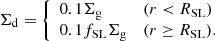 $$ \begin{aligned} \Sigma _{\rm d} = \left\{ \begin{array}{ll} 0.1\Sigma _{\rm g}&(r< R_{\rm SL}) \\ 0.1f_{\rm SL}\Sigma _{\rm g}&(r\ge R_{\rm SL}). \end{array} \right. \end{aligned} $$