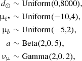 $$ \begin{aligned} d_{\odot }&\sim \mathrm{Uniform}(0,8000), \\ \upmu _{\ell ^\star }&\sim \mathrm{Uniform}(-10,4), \nonumber \\ \upmu _b&\sim \mathrm{Uniform}(-5,2), \nonumber \\ a&\sim \mathrm{Beta} (2,0.5),\nonumber \\ \nu _\upmu&\sim \mathrm{Gamma}(2,0.2), \nonumber \end{aligned} $$