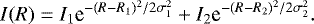 \begin{equation*} I(R) = I_1 \textrm{e}^{-(R - R_1){}^2/2\sigma_1^2} + I_2 \textrm{e}^{-(R - R_2){}^2/2\sigma_2^2} .\end{equation*}