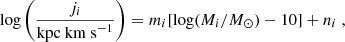 $$ \begin{aligned} \log \left(\dfrac{j_i}{\mathrm{kpc\ km\ s}^{-1}} \right) = m_i[\log (M_{i}/M_\odot )-10] + n_i\ , \end{aligned} $$