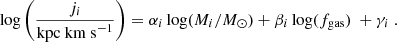 $$ \begin{aligned} \log \left(\dfrac{j_{i}}{\mathrm{kpc\ km\ s}^{-1}} \right) = \alpha _{i}\log (M_{i}/M_\odot ) + \beta _{i} \log (f_{\rm gas})\ + \gamma _{i}\ . \end{aligned} $$