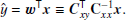 $$ \begin{aligned} \hat{y}={\boldsymbol{w}}^\mathsf{T}{\boldsymbol{x}}\equiv {\boldsymbol{C}}_{x{ y}}^\mathsf{T}\mathsf \mathbf{C} _{xx}^{-1}{\boldsymbol{x}}. \end{aligned} $$