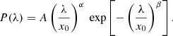 $$ \begin{aligned} P(\lambda ) = A \left(\frac{\lambda }{x_0} \right)^\alpha \text{ exp} \left[-\left(\frac{\lambda }{x_0} \right)^\beta \right]. \end{aligned} $$