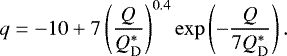 \begin{equation*} q=-10+7\left(\frac{Q}{Q_{\text{D}}^{*}}\right)^{0.4}\exp\left(-\frac{Q}{7Q_{\textrm{D}}^{*}}\right).\end{equation*}