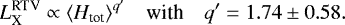 \begin{equation*}L_{\textrm{X}}^{\textrm{RTV}} \propto {\langle}H_{\textrm{tot}}{\rangle}^{q&#x0027;} \quad {\textrm{with}} \quadq&#x0027;=1.74\pm0.58.\end{equation*}