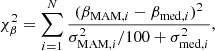 $$ \begin{aligned} \chi ^2_{\beta } = \sum _{i=1}^{N} \frac{(\beta _{\mathrm{MAM},i}-\beta _{\mathrm{med},i})^2}{\sigma _{\mathrm{MAM},i}^2/100+\sigma _{\mathrm{med},i}^2}, \end{aligned} $$