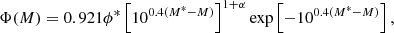Mathematical equation: $$ \begin{aligned} \Phi (M) = 0.921\phi ^*\left[10^{0.4(M^*-M)}\right]^{1+\alpha }\exp \left[-10^{0.4(M^*-M)}\right] ,\end{aligned} $$