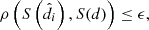 Mathematical equation: $$ \begin{aligned} \rho \left(S\left(\hat{d_i}\right),S(d)\right)\le \epsilon ,\end{aligned} $$