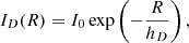 Mathematical equation: $$ \begin{aligned} I_D(R) = I_0\exp \left(-\frac{R}{h_D}\right) ,\end{aligned} $$