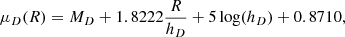 Mathematical equation: $$ \begin{aligned} \mu _D(R) = M_D+1.8222\frac{R}{h_D}+5\log (h_D)+0.8710 ,\end{aligned} $$