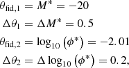 Mathematical equation: $$ \begin{aligned} \theta _{\text{fid},1}&=M^*=-20\nonumber \\ \Delta \theta _1&=\Delta M^*=0.5\nonumber \\ \theta _{\text{fid},2}&=\log _{10}\left(\phi ^*\right) = -2.01\nonumber \\ \Delta \theta _2&=\Delta \log _{10}\left(\phi ^*\right) = 0.2, \end{aligned} $$