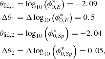 Mathematical equation: $$ \begin{aligned} \theta _{\text{fid},1}&=\log _{10}\left(\phi _{0,E}^*\right) = -2.09\nonumber \\ \Delta \theta _1&=\Delta \log _{10}\left(\phi _{0,E}^*\right) = 0.5\nonumber \\ \theta _{\text{fid},2}&=\log _{10}\left(\phi _{0,Sp}^*\right) = -2.04\nonumber \\ \Delta \theta _2&=\Delta \log _{10}\left(\phi _{0,Sp}^*\right) = 0.05, \end{aligned} $$