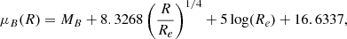 Mathematical equation: $$ \begin{aligned} \mu _B(R) = M_B+8.3268\left(\frac{R}{R_e}\right)^{1/4}+5\log (R_e)+16.6337 ,\end{aligned} $$