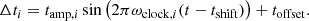 $$ \begin{aligned} \Delta t_i = t_{\mathrm{amp} ,i}\sin \left(2\pi \omega _{\mathrm{clock} ,i} (t - t_{\mathrm{shift} })\right) + t_{\mathrm{offset} }. \end{aligned} $$