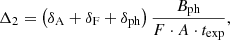 $$ \begin{aligned} \Delta _2 = \left( \delta _\mathrm{A} + \delta _\mathrm{F} + \delta _\mathrm{ph} \right) \frac{B_\mathrm{ph} }{F \cdot A \cdot t_\mathrm{exp} }, \end{aligned} $$