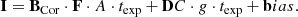 $$ \begin{aligned} \mathbf I = \mathbf B _\mathrm{Cor} \cdot \mathbf F \cdot A \cdot t_\mathrm{exp} + \mathbf DC \cdot { g} \cdot t_\mathrm{exp} + \mathbf bias . \end{aligned} $$