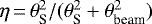 Mathematical equation: $\eta\,{=}\,\theta_{\textrm{S}}^2/(\theta_{\textrm{S}}^2+\theta_{\textrm{beam}}^2)$