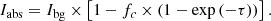 $$ \begin{aligned} I_{\rm abs} = I_{\rm bg} \times \left[ 1-{f_c} \times (1- \exp {(-\tau )}) \right]. \end{aligned} $$