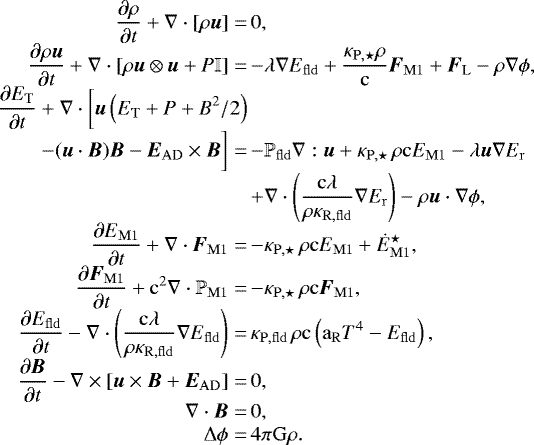 \begin{equation*} \begin{array}{r@{\,}l@{}l} \displaystyle\frac{\partial\rho}{\partial t} &#x002B; \nabla \cdot [\rho \boldsymbol{u}] =\;&\displaystyle 0, \\ \displaystyle\frac{\partial\rho \boldsymbol{u}}{\partial t} &#x002B; \nabla \cdot [\rho \boldsymbol{u} \otimes \boldsymbol{u} &#x002B; P \mathbb{I}] =\;&\displaystyle - \lambda \nabla E_{\mathrm{fld}} &#x002B; \frac{\kappa_{\mathrm{P,\star}} \rho}{\mathrm{c}} \boldsymbol{F}_{\mathrm{M1}} &#x002B;\boldsymbol{F}_{\mathrm{L}} - \rho \nabla \phi, \\ \displaystyle\frac{\partial E_{\mathrm{T}}}{\partial t} &#x002B; \nabla \cdot \biggl[\boldsymbol{u} \left( E_{\mathrm{T}} &#x002B; P &#x002B; B^2/2 \right)&\displaystyle \\ \displaystyle- (\boldsymbol{u} \cdot \boldsymbol{B}) \boldsymbol{B} - \boldsymbol{E}_{\mathrm{AD}} \times \boldsymbol{B} \biggr] =\;&\displaystyle - \mathbb{P}_{\mathrm{fld}} \nabla : \boldsymbol{u} &#x002B; \kappa_{\mathrm{P,\star}} \, \rho \mathrm{c} E_{\mathrm{M1}} - \lambda \boldsymbol{u} \nabla E_{\mathrm{r}} \\ &\displaystyle &#x002B; \nabla \cdot \left( \frac{\mathrm{c} \lambda}{\rho \kappa_{\mathrm{R,fld}}}\nabla E_{\mathrm{r}} \right) - \rho \boldsymbol{u} \cdot \nabla \phi, \\ \displaystyle\frac{\partial E_{\mathrm{M1}}}{\partial t} &#x002B; \nabla \cdot \boldsymbol{F}_{\mathrm{M1}} =\;&\displaystyle - \kappa_{\mathrm{P,\star}} \, \rho \mathrm{c} E_{\mathrm{M1}} &#x002B; \dot{E}_{\mathrm{M1}}^{\star}, \\ \displaystyle\frac{\partial\boldsymbol{F}_{\mathrm{M1}}}{\partial t} &#x002B; \mathrm{c}^2 \nabla \cdot \mathbb{P}_{\mathrm{M1}} =\;&\displaystyle - \kappa_{\mathrm{P,\star}} \, \rho \mathrm{c} \boldsymbol{F}_{\mathrm{M1}}, \\ \displaystyle\frac{\partial E_{\mathrm{fld}}}{\partial t} - \nabla \cdot \left( \frac{\mathrm{c} \lambda} {\rho \kappa_{\mathrm{R,fld}}} \nabla E_{\mathrm{fld}} \right) =\;&\displaystyle \kappa_{\mathrm{P,fld}} \, \rho \mathrm{c} \left( \mathrm{a_R} T^4 - E_{\mathrm{fld}} \right), \\ \displaystyle\frac{\partial\boldsymbol{B}}{\partial t} - \nabla \times \left[ \boldsymbol{u} \times \boldsymbol{B} &#x002B; \boldsymbol{E}_{\mathrm{AD}} \right] =\;&\displaystyle 0, \\ \displaystyle\nabla \cdot \boldsymbol{B} =\;&\displaystyle 0, \\ \displaystyle\Delta \phi =\;&\displaystyle 4 \pi \mathrm{G} \rho. \end{array} \end{equation*}