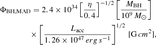 $$ \begin{aligned}&\Phi _\mathrm{BH, MAD} = 2.4 \times 10^{34} \left[\frac{\eta }{0.4} \right]^{-1/2} \left[ \frac{M_\mathrm{BH} }{10^9\,{M}_{\odot }} \right]\nonumber \\ &\qquad \qquad \,\,\, \times \left[\frac{L_\mathrm{acc} }{1.26\times 10^{47}\mathrm \,erg\,s ^{-1}} \right]^{1/2} \,[\mathrm G\,cm^2 ], \end{aligned} $$