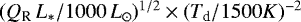 $(Q_{\textrm{R}}\,L_*/1000\,L_{\odot})^{1/2} \times (T_{\textrm{d}}/1500K)^{-2}$
