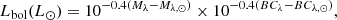 $$ \begin{aligned} L_{\rm bol}(L_{\odot })=10^{-0.4(M_{\lambda }-M_{\lambda ,\odot })}\times 10^{-0.4(BC_{\lambda }-BC_{\lambda ,\odot })}, \end{aligned} $$