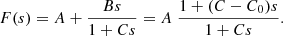 Mathematical equation: $$ \begin{aligned} F(s) = A+\frac{B s}{1 + C s}=A \; \frac{1+(C-C_0)s}{1 + C s}. \end{aligned} $$