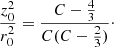 Mathematical equation: $$ \begin{aligned} \frac{z_0^2}{r_0^2} = \frac{C-\frac{4}{3}}{C(C-\frac{2}{3})} \cdot \end{aligned} $$