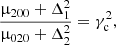 Mathematical equation: $$ \begin{aligned} \frac{\upmu _{200}+\Delta _{1}^2}{\upmu _{020}+\Delta _{2}^2}= \gamma _{\rm c}^{2} , \end{aligned} $$