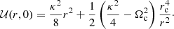 Mathematical equation: $$ \begin{aligned} \mathcal{U} (r,0) = \frac{\kappa ^2}{8} r^2+ \frac{1}{2} \left( \frac{\kappa ^2}{4}- \Omega _{\rm c}^2\right) \frac{r_{\rm c}^4}{r^2}\cdot \end{aligned} $$